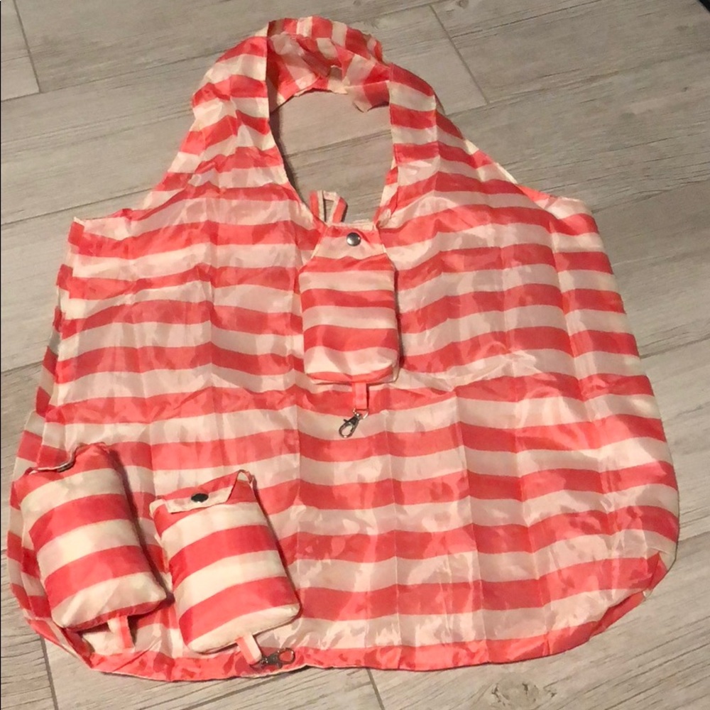 Coral & Cream Striped Packable Totes 3 pieces